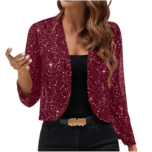 UHouse Bolero Damen Glitzer Cardigan Elegant Festliche Oberteile Party Jacke Pailletten Bolerojacke Leicht Schulterjacke Trachten Strickjacke Shrug Outfit Festival Bluse Langarm Frauen Weinrot L von UHouse