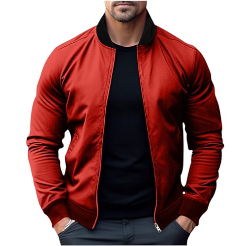 UHouse Bomberjacke Herren Leichte Dünne Übergangsjacke Herbst Blouson Stehkragen Freizeitjacke Bequeme Jacke Outdoor Herbstjacke Freizeit Jacket Einfarbig Overshirt Winter Kleidung Rot XXL von UHouse