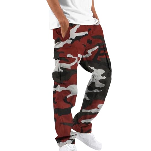UHouse Camouflage Cargohose Herren Hose Sommer Baumwolle Cargo Hosen Baggy Arbeitshosen Männer Leichte Sommerhose Bequeme Freizeithose mit Gummizug Freizeit Pants Rot 3XL von UHouse