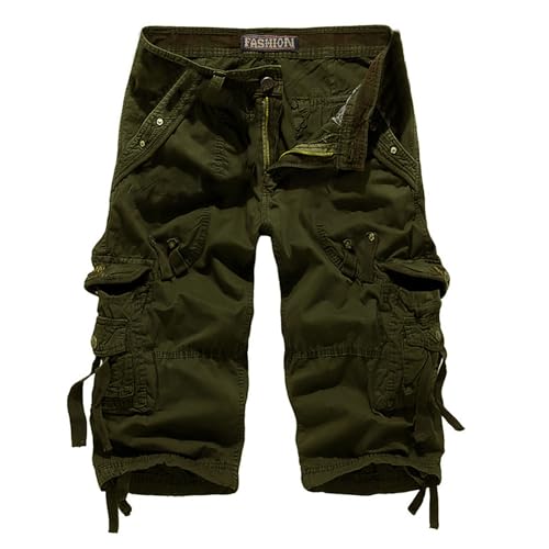 UHouse Cargo Shorts 3/4 Herren Kurze Hosen Lang Baumwolle Sommer Cargohose Kurz Arbeitshose Männer Laufshorts mit Seitentaschen Baggy Freizeitshorts Große Größen Sale Armee Grün XXL von UHouse
