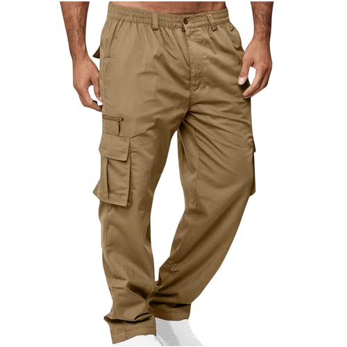 UHouse Cargohose Herren Freizeit Hosen Mode Herren-Cargohosen Regular Fit Cargo Hose Bequeme Stoffhose Leicht Sommerhose Lang Outdoor Herrenhosen Straight Leg Pants Khaki M von UHouse