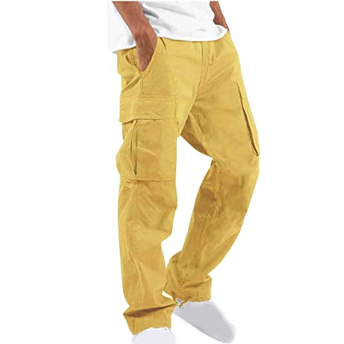 UHouse Cargohose Herren Hose Sommer Baumwolle Cargo Hosen Baggy Arbeitshosen Männer Leichte Sommerhose Bequeme Freizeithose mit Gummizug Freizeit Einfarbig Pants Gelb XXL von UHouse