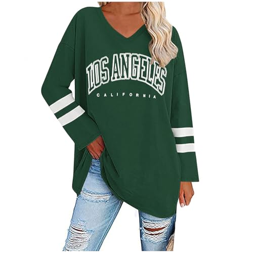 UHouse Damen Tshirt Langarm Oversize Langarmshirt Locker T-Shirt Lang Herbst Longshirt Elegante Tunika Lässig Los Angeles Oberteile Casual Longsleeve Streetwear Teenager Armee Grün XXL von UHouse