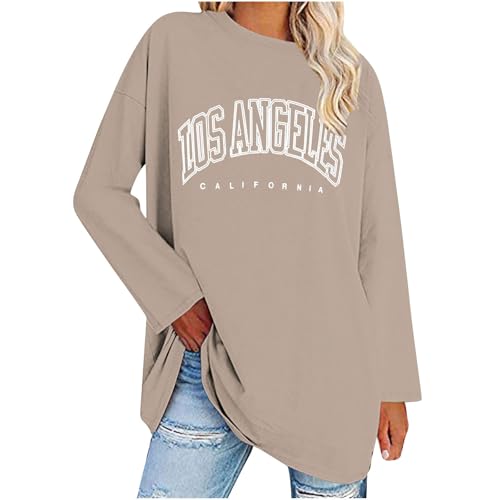 UHouse Damen Tshirt Langarm Oversize Langarmshirt Locker T-Shirt Lang Herbst Longshirt Elegante Tunika Lässig Los Angeles Oberteile Casual Longsleeve Streetwear Teenager Khaki XXL von UHouse