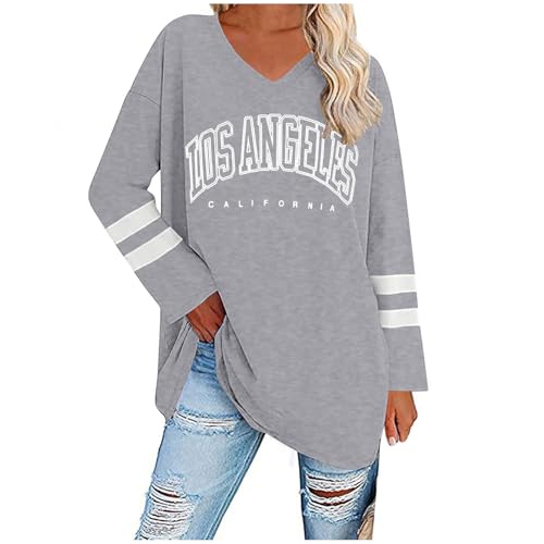 UHouse Damen Tshirt Langarm Oversize Langarmshirt Locker T-Shirt Lang Herbst Longshirt Elegante Tunika Lässig Los Angeles Oberteile Casual Longsleeve Streetwear Grau XXL von UHouse