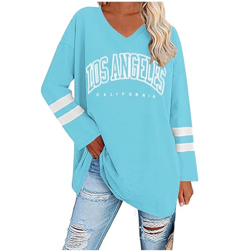 UHouse Damen Tshirt Langarm Oversize Langarmshirt Locker T-Shirt Lang Herbst Longshirt Elegante Tunika Lässig Los Angeles Oberteile Casual Longsleeve Streetwear Himmelblau XXL von UHouse