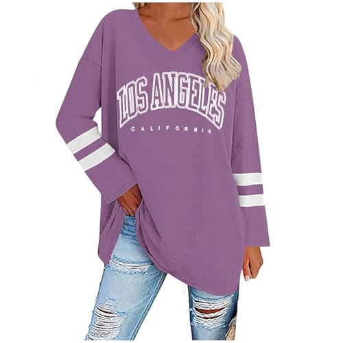 UHouse Damen Tshirt Langarm Oversize Langarmshirt Locker T-Shirt Lang Herbst Longshirt Elegante Tunika Lässig Los Angeles Oberteile Casual Longsleeve Streetwear Teenager Lila XXL von UHouse