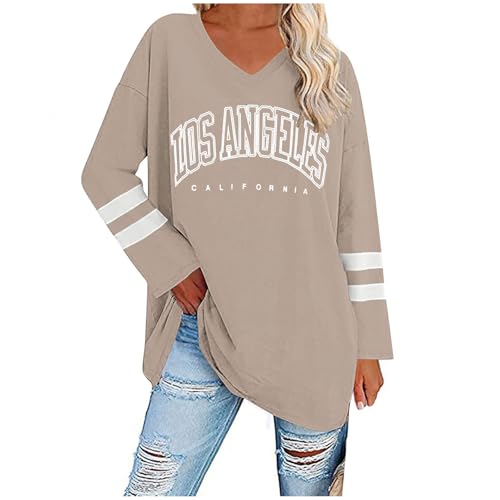 UHouse Damen Tshirt Langarm Oversize Langarmshirt Locker T-Shirt Lang Herbst Longshirt Elegante Tunika Lässig Los Angeles Oberteile Casual Longsleeve Streetwear Teenager Khaki XXL von UHouse