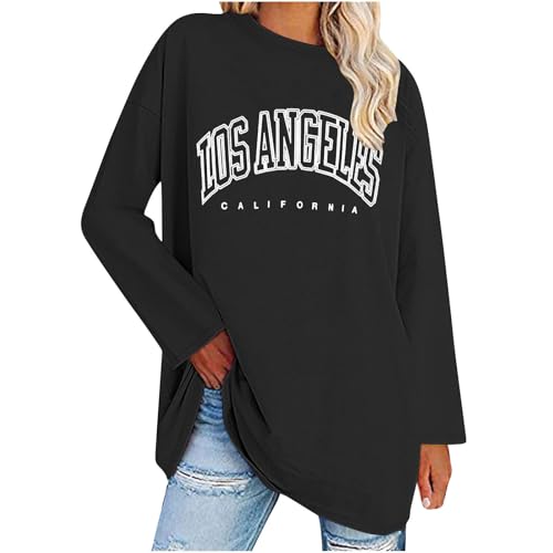 UHouse Damen Tshirt Langarm Oversize Langarmshirt Locker T-Shirt Lang Herbst Longshirt Elegante Tunika Lässig Los Angeles Oberteile Casual Longsleeve Streetwear Schwarz XL von UHouse
