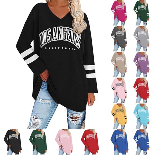UHouse Damen Tshirt Langarm Oversize Langarmshirt Locker T-Shirt Lang Herbst Longshirt Elegante Tunika Lässig Los Angeles Oberteile Casual Longsleeve Streetwear Schwarz L von UHouse