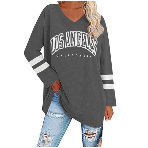 UHouse Damen Tshirt Langarm Oversize Langarmshirt Locker T-Shirt Lang Herbst Longshirt Elegante Tunika Lässig Los Angeles Oberteile Casual Longsleeve Streetwear Dunkelgrau L von UHouse