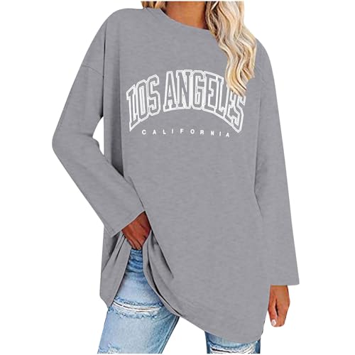 UHouse Damen Tshirt Langarm Oversize Langarmshirt Locker T-Shirt Lang Herbst Longshirt Elegante Tunika Lässig Los Angeles Oberteile Casual Longsleeve Streetwear Grau XL von UHouse