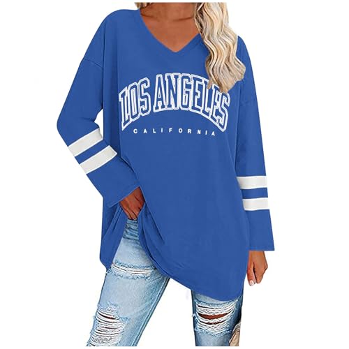 UHouse Damen Tshirt Langarm Oversize Langarmshirt Locker T-Shirt Lang Herbst Longshirt Elegante Tunika Lässig Los Angeles Oberteile Casual Longsleeve Streetwear Blau XXL von UHouse