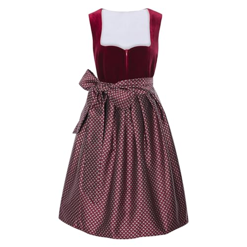 UHouse Dirndl Damen Midi Lang Dirndlkleid Samt Trachtenkleid Elegant Trachtenmode Oktoberfest mit Spitzenschürze Trachtenrock inkl. Dirndlschürze Rot L von UHouse