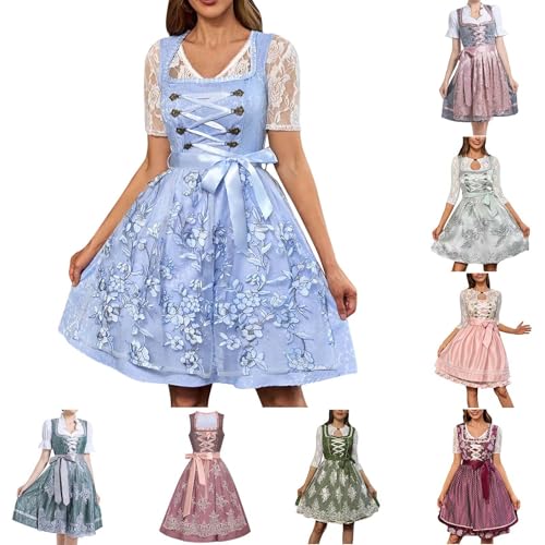 UHouse Dirndl Damen Midi Lang Dirndlkleid Spitzen Trachtenkleid Elegant Trachtenmode für Oktoberfest mit Spitzenschürze Trachtenrock inkl. Dirndlschürze Trachten Kleid Blau XS von UHouse