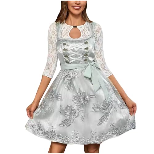 UHouse Dirndl Damen Midi Lang Dirndlkleid Spitzen Trachtenkleid Elegant Trachtenmode für Oktoberfest mit Spitzenschürze Trachtenrock inkl. Dirndlschürze Trachten Kleid Grün XS von UHouse