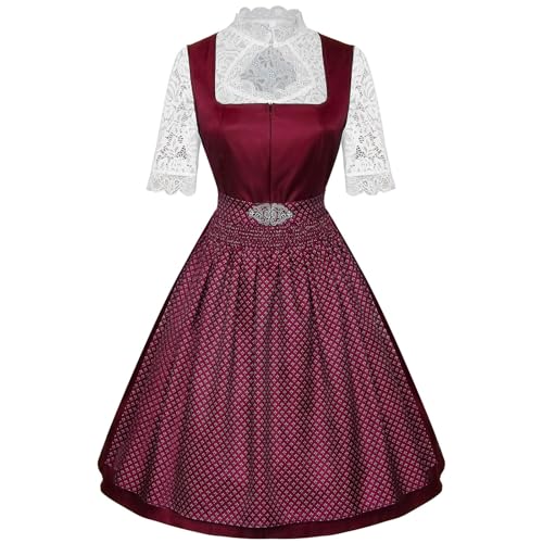 UHouse Dirndl Damen Midi Lang Elegante Spitze Dirndlkleid Trachtenkleid für Oktoberfest Trachtenrock Dirndlkomplettsets Trachtenmode Frauen inkl. Dirndlbluse Schürze Rot L von UHouse