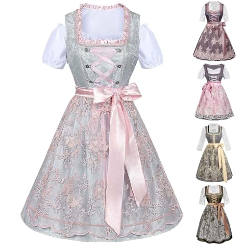UHouse Dirndl Damen Midi Lang Spitze Dirndlkleid Elegante Trachtenkleid Trachtenmode für Oktoberfest Dirndlkomplettsets mit Spitzenschürze Trachtenrock Trachten Kleid Grau L von UHouse