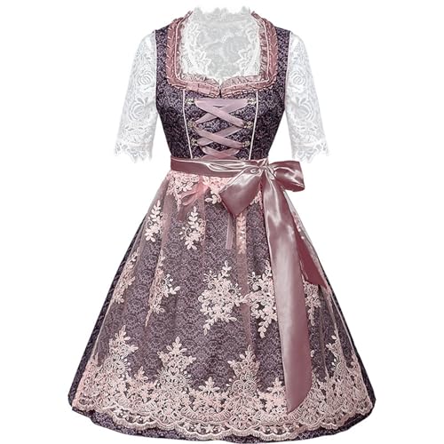 UHouse Dirndl Damen Midi Lang Spitze Dirndlkleid Elegante Trachtenkleid Trachtenmode für Oktoberfest Dirndlkomplettsets mit Spitzenschürze Trachtenrock Trachten Kleid Lila S von UHouse