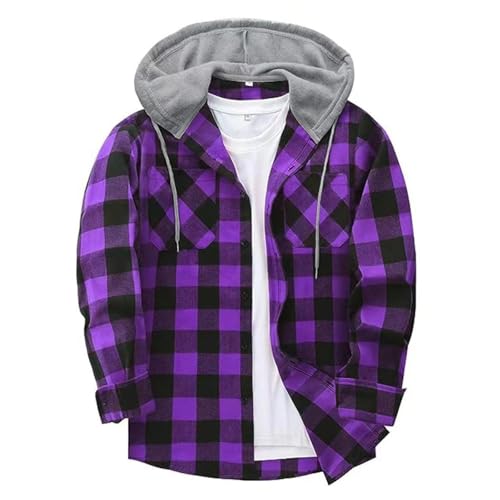 UHouse Flanellhemd Herren Hemd Baumwolle Freizeit Herrenhemden mit Kapuze Langarm Holzfällerhemd Karierte Hemden Flanell Freizeithemd Leichte Trachtenhemd Casual Karohemd Angebote Lila 3XL von UHouse