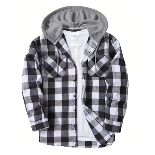 UHouse Flanellhemd Herren Hemd Baumwolle Freizeit Herrenhemden mit Kapuze Langarm Holzfällerhemd Karierte Hemden Flanell Freizeithemd Leichte Trachtenhemd Casual Karohemd Angebote Weiß 3XL von UHouse