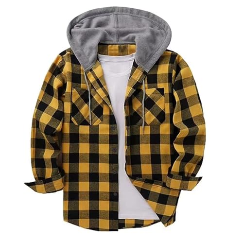 UHouse Flanellhemd Herren Hemd mit Kapuze Freizeit Herrenhemden Langarm Baumwolle Holzfällerhemd Karierte Hemden Flanell Freizeithemd Leichte Trachtenhemd Karohemd Deals of The Day Gelb XL von UHouse