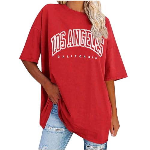 UHouse Gutschein Damen T-Shirt Freizeit Mode Motiv Tuniken Basic Los Angeles Baumwolle Oberteile Teenager Tshirt Oversized Grafik Tops Frauen Rundhals Lässig Shirt Sale Damen Rot S von UHouse