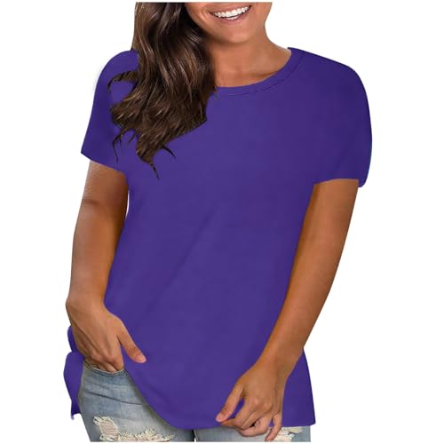 UHouse Gutscheine Damen T-Shirts Elegant Einfarbige Blusenshirt Fashion Baumwolle Tuniken Frau Kleidung Freizeit Einfarbig Tops Teenager Rundhals Slim Fit Warehouse Deals Angebote Lila 5XL von UHouse