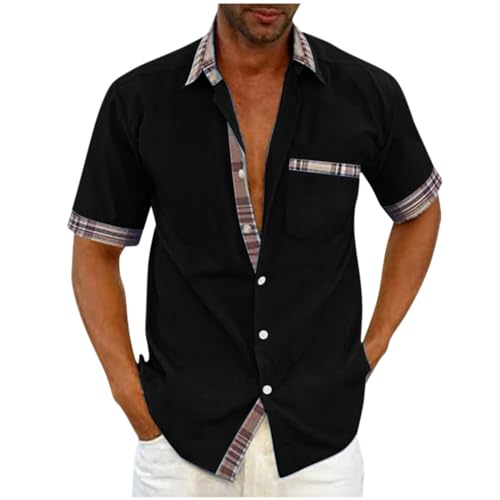 UHouse Hemd Herren Kurzarm Baumwolle Hemd Casual Sommerhemd Oversize Stehkragenhemd Strand Fischerhemd Basic Shirt Leichte Hawaii Hemd Einfarbig Oberhemden Schwarz 3XL von UHouse