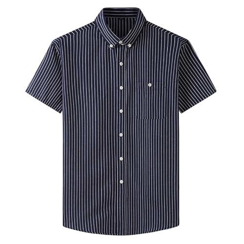 UHouse Hemd Herren Kurzarm Baumwolle Hemden Strand Freizeithemd Sommer Kurzarmhemd Basic Hawaii Hemd Business Oberhemden Oversized Strandhemd Gestreiftes Hawaiihemd Marine XL von UHouse