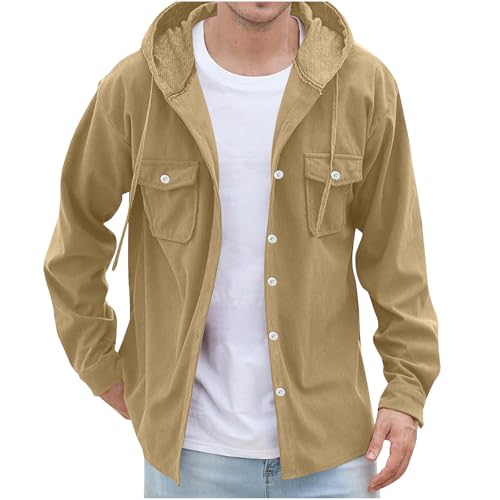 UHouse Hemd Herren Langarm Baumwolle Freizeithemd mit Kapuze Frühling Cord Hemdjacke Freizeit Herrenhemd mit Brusttasche Fashion Fischerhemd Lässig Oberhemden Blitzangebote des Tages Khaki XL von UHouse