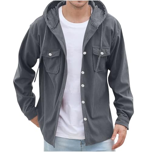 UHouse Hemd Herren Langarm Baumwolle Freizeithemd mit Kapuze Frühling Cord Hemdjacke Freizeit Herrenhemd mit Brusttasche Fashion Fischerhemd Lässig Oberhemden Sale Grau XXL von UHouse