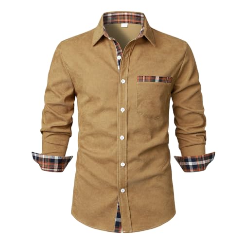 UHouse Hemd Herren Langarm Freizeithemd Business Herrenhemden Leichte Stehkragenhemd mit Brusttasche Lässig Cordhemd Basic Strandhemd Regular Fit Oberhemden Blitzangebote Khaki XXL von UHouse