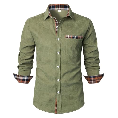 UHouse Hemd Herren Langarm Freizeithemd Business Herrenhemden Leichte Stehkragenhemd mit Brusttasche Lässig Cordhemd Basic Strandhemd Regular Fit Oberhemden Deals of The Day Armee Grün XL von UHouse