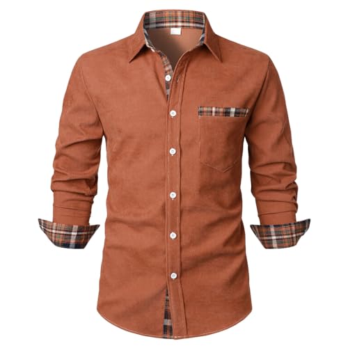 UHouse Hemd Herren Langarm Freizeithemd Business Herrenhemden Leichte Stehkragenhemd mit Brusttasche Lässig Cordhemd Basic Strandhemd Regular Fit Oberhemden Deals of The Day Braun XXL von UHouse