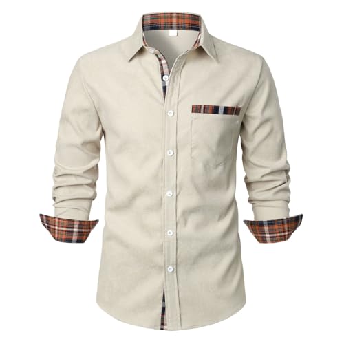 UHouse Hemd Herren Langarm Freizeithemd Business Herrenhemden Leichte Stehkragenhemd mit Brusttasche Lässig Cordhemd Basic Strandhemd Regular Fit Oberhemden Meine Bestellungen Anzeigen Beige XXL von UHouse