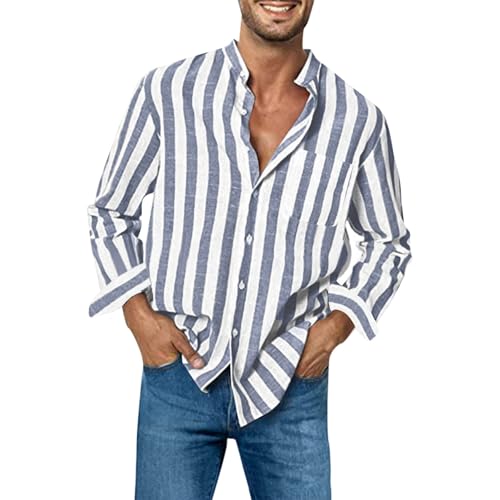 UHouse Hemd Herren Langarm Hemden Freizeit Herrenhemd Mode Baumwolle Freizeithemd Leichte Sommerhemd Gestreiftes Oberhemden Bequeme Stehkragenhemd Lässig Fischerhemd Blitzangebote des Tages Grau L von UHouse