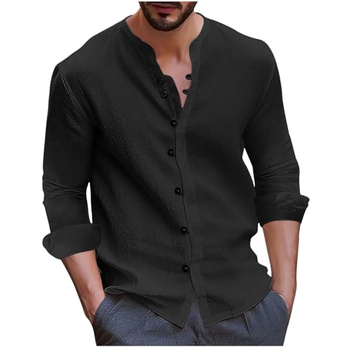 UHouse Hemd Herren Langarm Hemden ohne Kragen Freizeit Herrenhemd Mode Freizeithemd Leichte Sommerhemd Einfarbige Stehkragenhemd Bequeme Strandhemd Herbst Lässig Fischerhemd Schwarz XL von UHouse