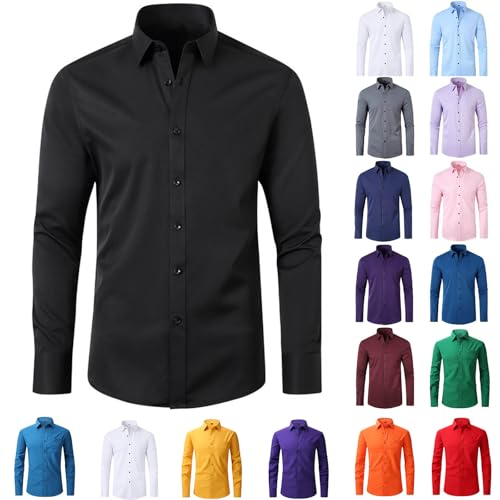 UHouse Hemd Herren Langarm Slim Fit Herrenhemd Baumwolle Freizeithemd Business Hemden Leichte Stehkragenhemd Stretch Anzug Hemd Bequeme Arbeitshemd Basic Oberhemden Schwarz XS von UHouse