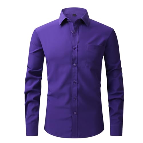 UHouse Hemd Herren Langarm Slim Fit Herrenhemd Baumwolle Freizeithemd Business Hemden Leichte Stehkragenhemd Stretch Anzug Hemd Bequeme Arbeitshemd Basic Oberhemden Lila L von UHouse
