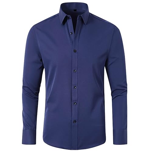 UHouse Hemd Herren Langarm Slim Fit Herrenhemd Baumwolle Freizeithemd Business Hemden Leichte Stehkragenhemd Stretch Anzug Hemd Bequeme Arbeitshemd Basic Oberhemden Marineblau XXL von UHouse