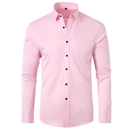 UHouse Hemd Herren Langarm Slim Fit Herrenhemd Baumwolle Freizeithemd Business Hemden Leichte Stehkragenhemd Stretch Anzug Hemd Bequeme Arbeitshemd Basic Oberhemden Rosa M von UHouse
