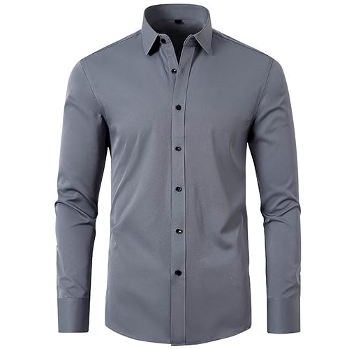 UHouse Hemd Herren Langarm Slim Fit Herrenhemd Baumwolle Freizeithemd Business Hemden Leichte Stehkragenhemd Stretch Anzug Hemd Bequeme Arbeitshemd Basic Oberhemden Grau L von UHouse
