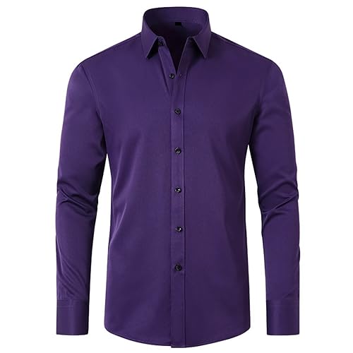 UHouse Hemd Herren Langarm Slim Fit Herrenhemd Baumwolle Freizeithemd Business Hemden Leichte Stehkragenhemd Stretch Anzug Hemd Bequeme Arbeitshemd Basic Oberhemden Dunkellila L von UHouse