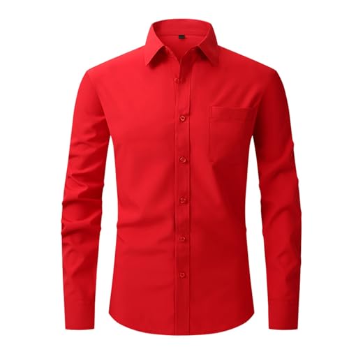 UHouse Hemd Herren Langarm Slim Fit Herrenhemd Baumwolle Freizeithemd Business Hemden Leichte Stehkragenhemd Stretch Anzug Hemd Bequeme Arbeitshemd Basic Oberhemden Rot L von UHouse