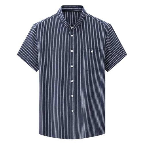 UHouse Herren Hemd Kurzarm Business Freizeithemd Sommer Kurzarmhemd Basic Hemd Leichte Oberhemden Oversized Strandhemd Stehkragen Hawaiihemd Gestreiftes Fischerhemd Angebote Dunkelblau XL von UHouse