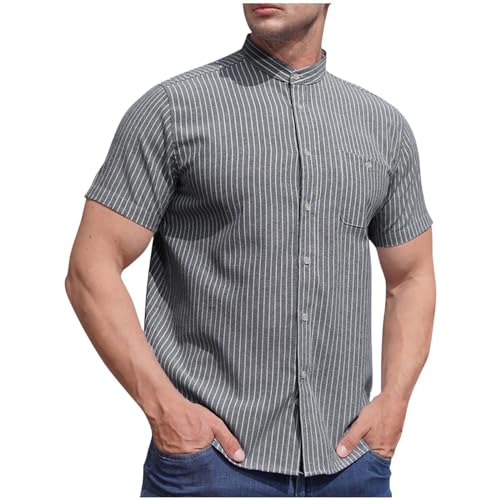 UHouse Herren Hemd Kurzarm Business Freizeithemd Sommer Kurzarmhemd Basic Hemd Leichte Oberhemden Oversized Strandhemd Stehkragen Hawaiihemd Gestreiftes Fischerhemd Blitzangebote des Tages Grau 4XL von UHouse