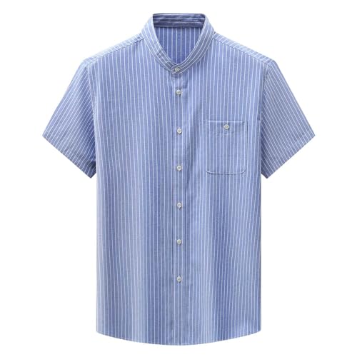 UHouse Herren Hemd Kurzarm Business Freizeithemd Sommer Kurzarmhemd Basic Hemd Leichte Oberhemden Oversized Strandhemd Stehkragen Hawaiihemd Gestreiftes Fischerhemd Outlet Angebote Himmelblau XXL von UHouse