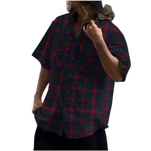 UHouse Herren Hemd Kurzarm Kariertes Herrenhemden Sommer Karohemd Basic Freizeithemd Leichte Oberhemden Freizeit Strandhemd Bequeme Hawaiihemd Baumwolle Fischerhemd Deals of The Day Rot XXL von UHouse