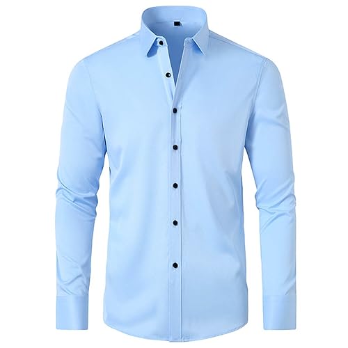 UHouse Hemd Herren Langarm Slim Fit Herrenhemd Baumwolle Freizeithemd Business Hemden Leichte Stehkragenhemd Stretch Anzug Hemd Bequeme Arbeitshemd Basic Oberhemden Blau L von UHouse